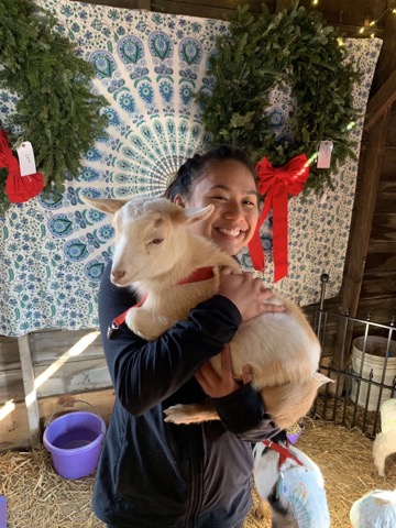 Thea Aquino holding a goat at goat yoga.