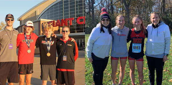 Left image (left to right): Coach Justin, Devon Comber, Brian DiCola and Coach Fromal at states. 
Right image (left to right): Coach Jenkins, Emily Simko, Rose McGee and Coach Snow at districts.