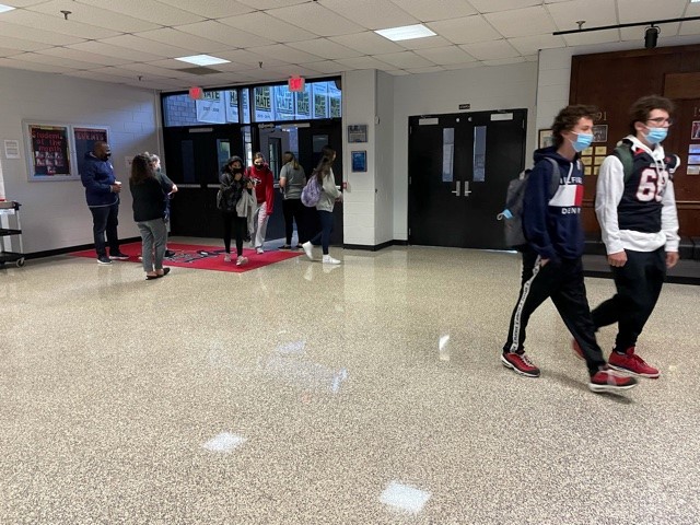 Students walking in the halls during passing time.